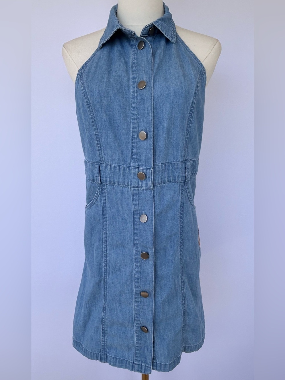 Free People Women’s Sami Denim Halter Mini Dress Bali Blue Heart Patch Small
